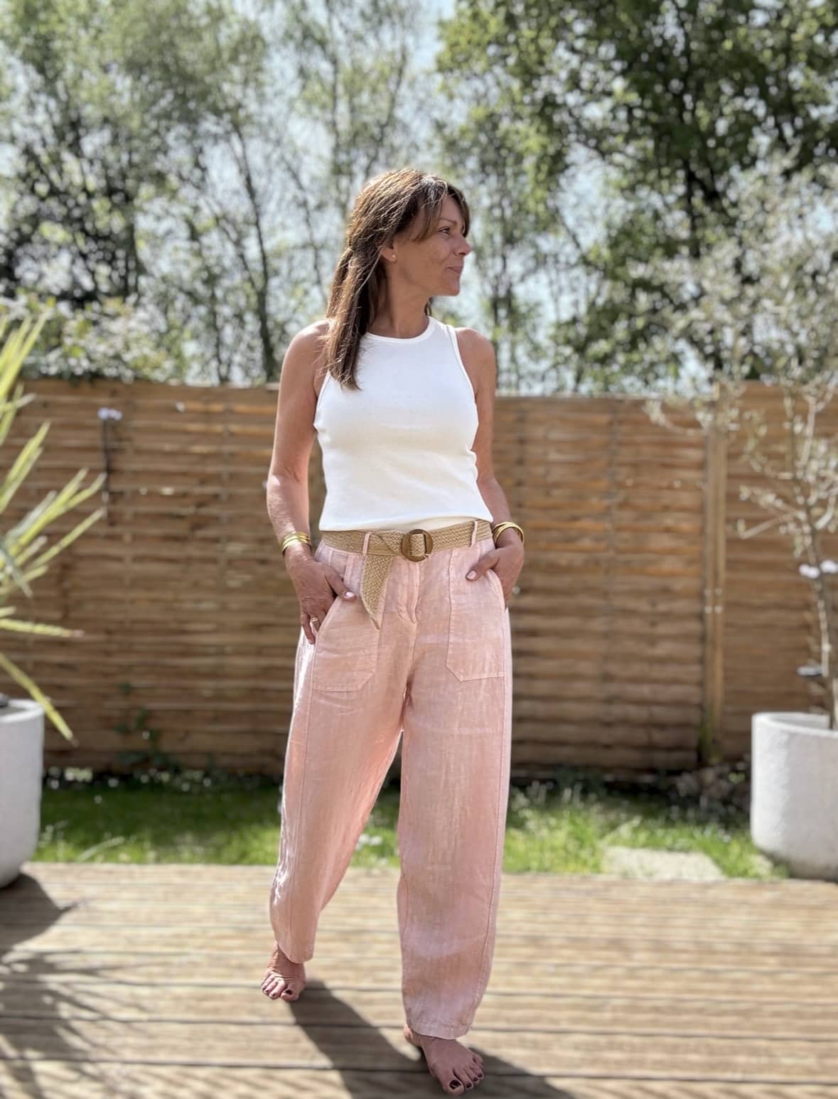 Pantalon barrel en lin rose poudré Calvi – Image 4