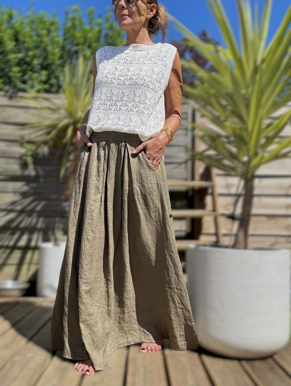 Jupe longue Alivia en lin kaki – Image 2