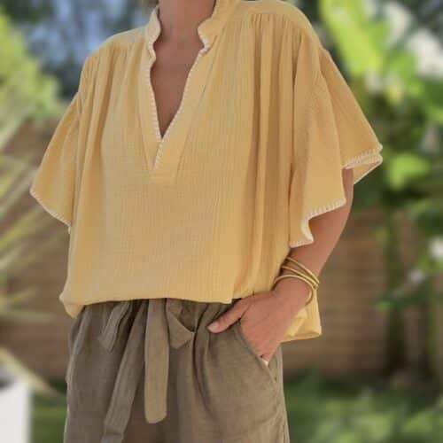 Blouse Maïta en gaze de coton camel ou maïs