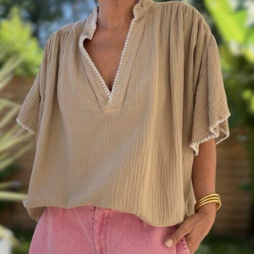 Blouse Maïta en gaze de coton camel ou maïs
