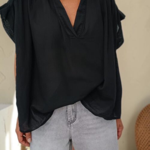 Blouse ample Théa en voile de coton noir