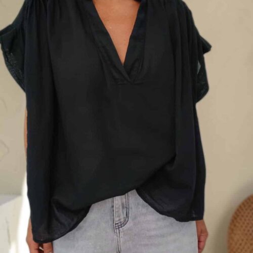 Blouse ample Théa en voile de coton noir