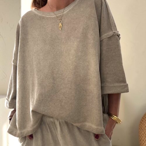 Sweat oversize en coton beige délavé manches 3/4