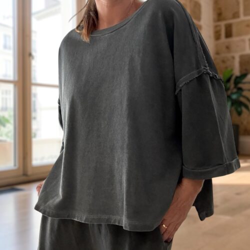 Sweat oversize en coton noir délavé manches 3/4
