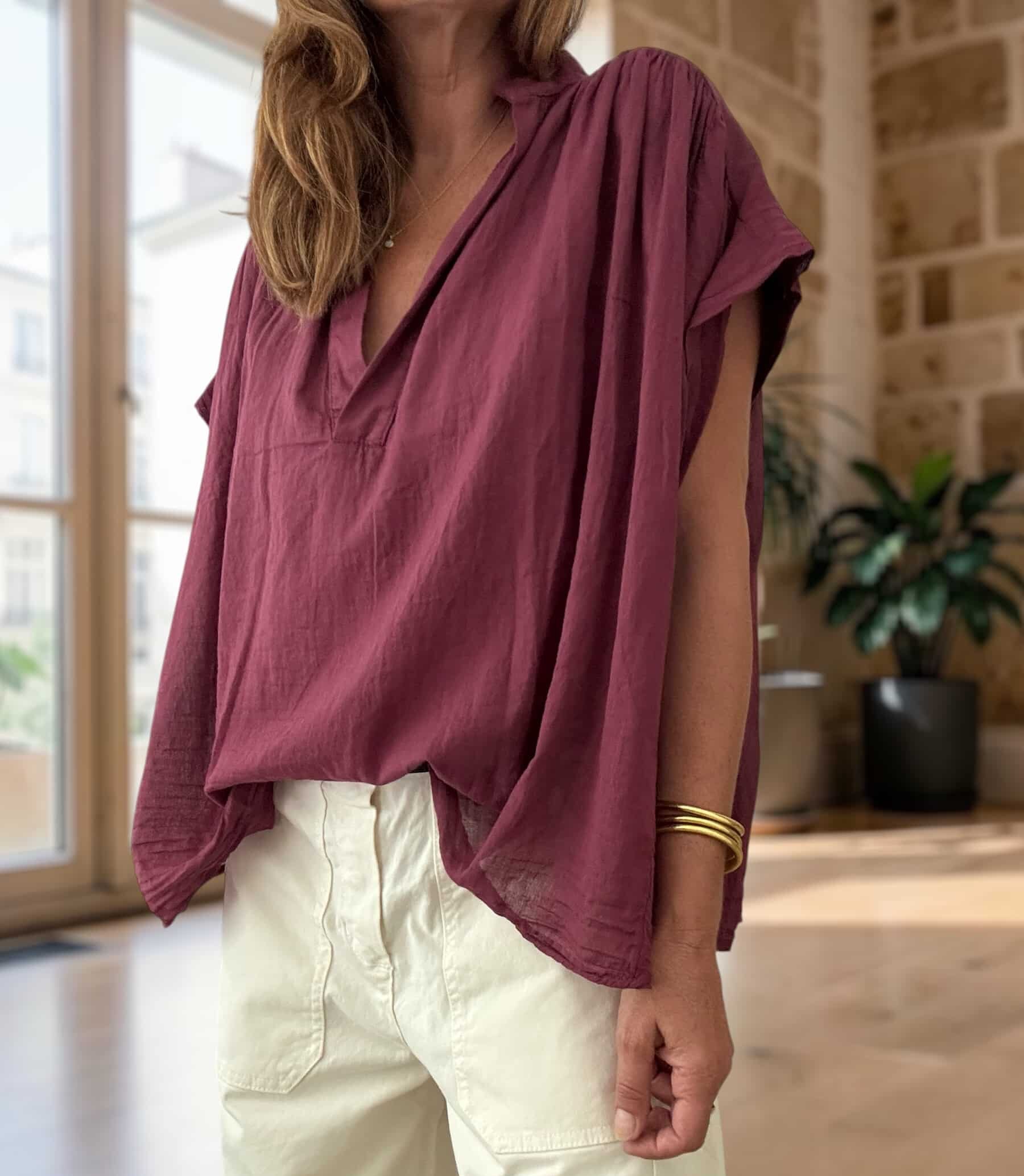 Blouse ample Théa en voile de coton grenade