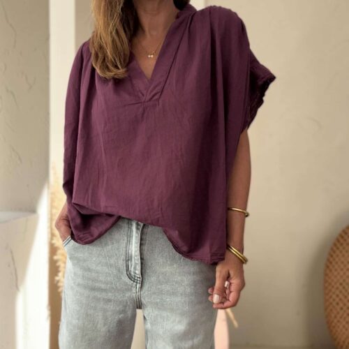 Blouse ample Théa en voile de coton aubergine