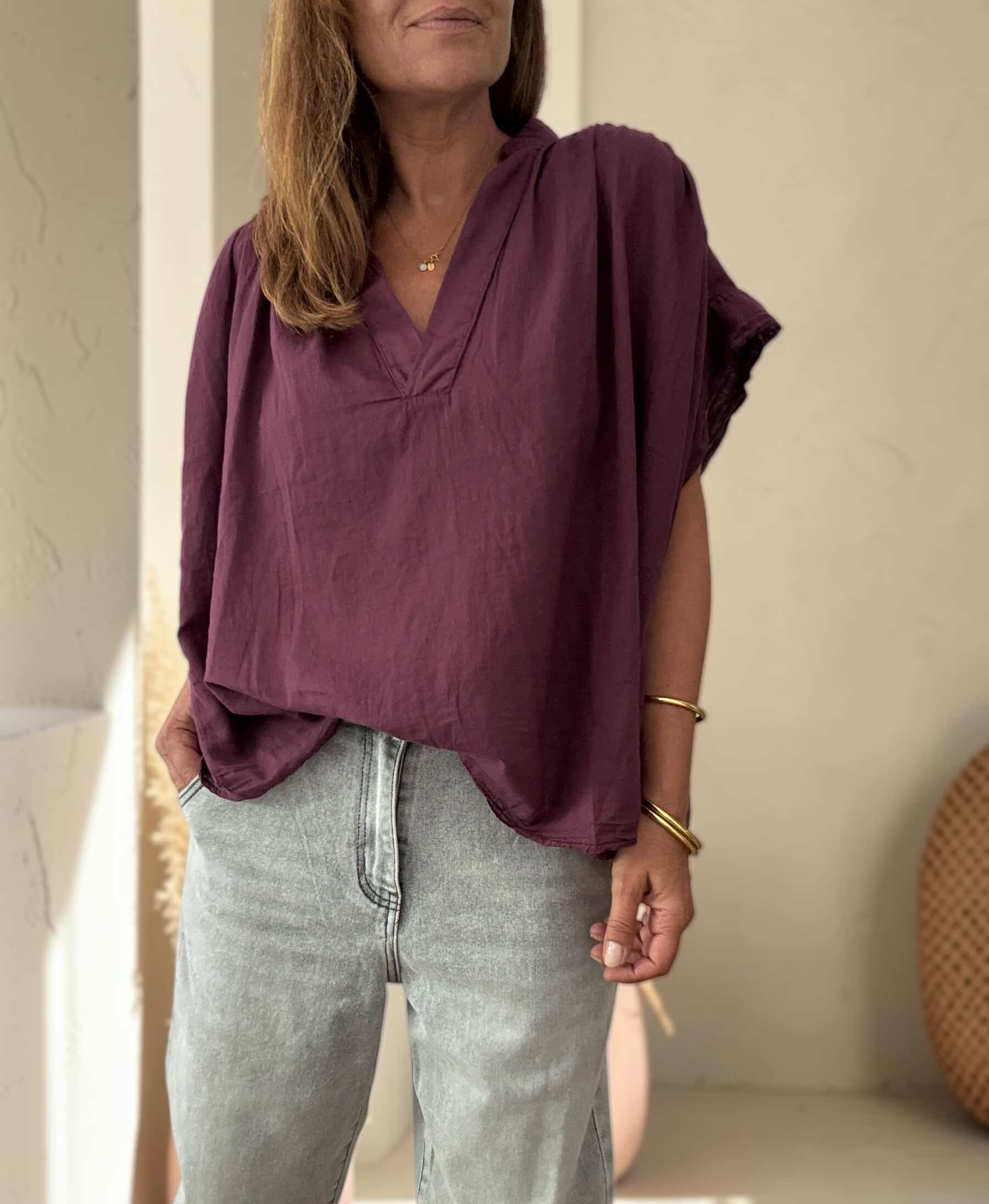 Blouse ample Théa en voile de coton aubergine