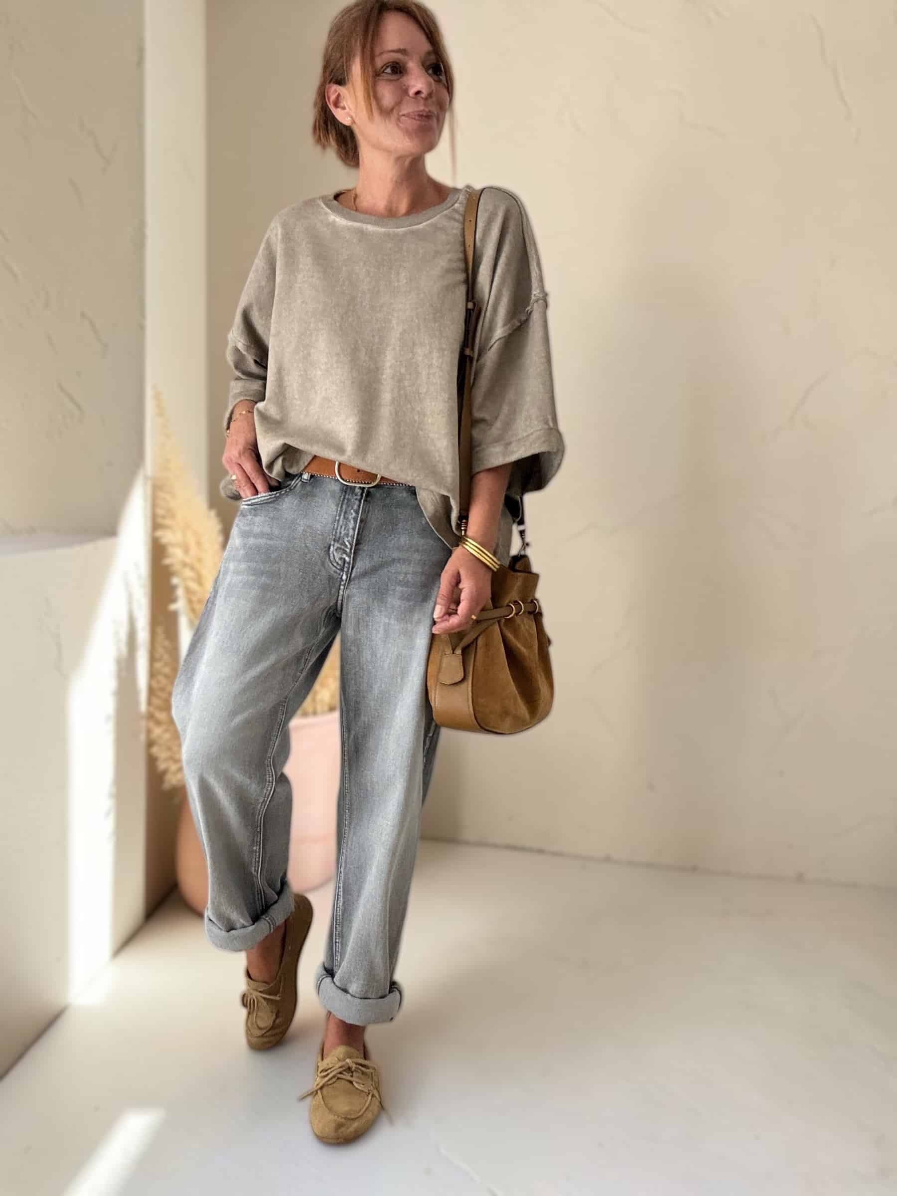 Sweat oversize en coton beige délavé manches 3/4 – Image 4