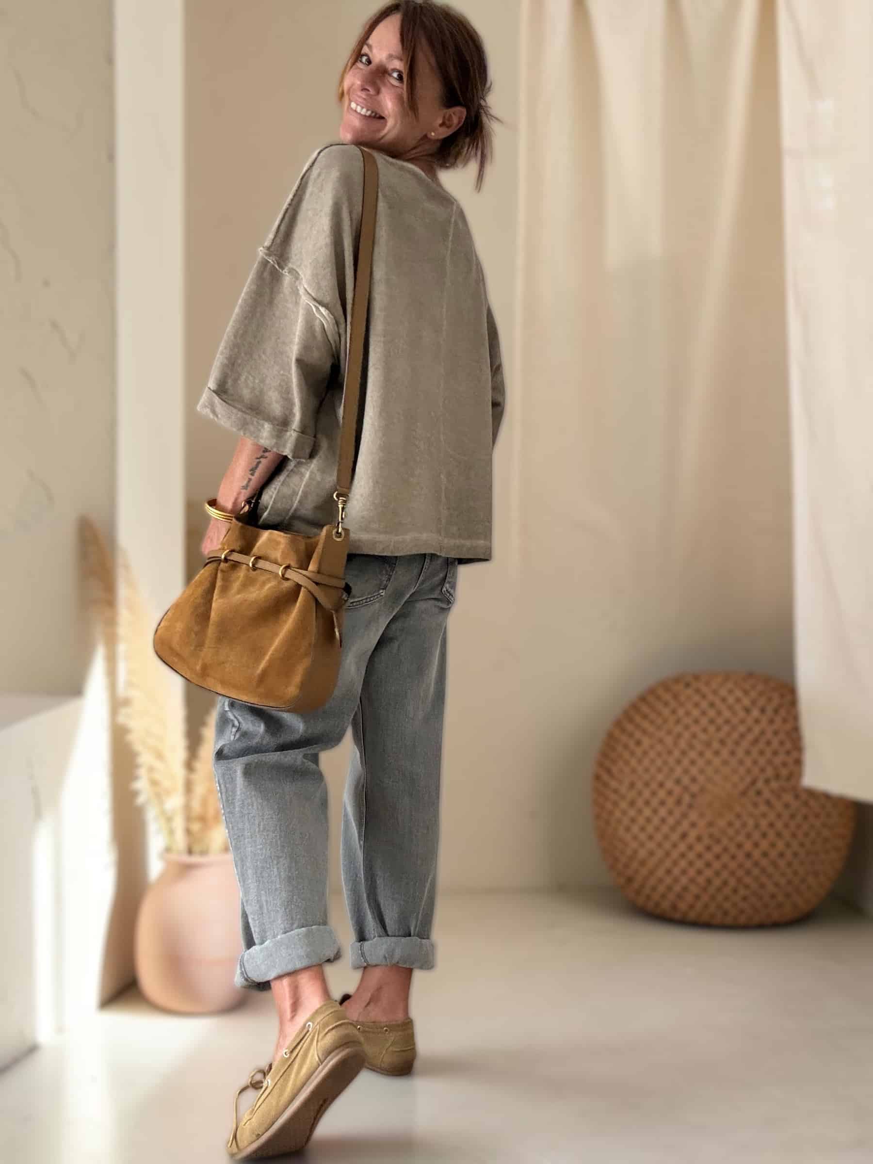 Sweat oversize en coton beige délavé manches 3/4 – Image 5