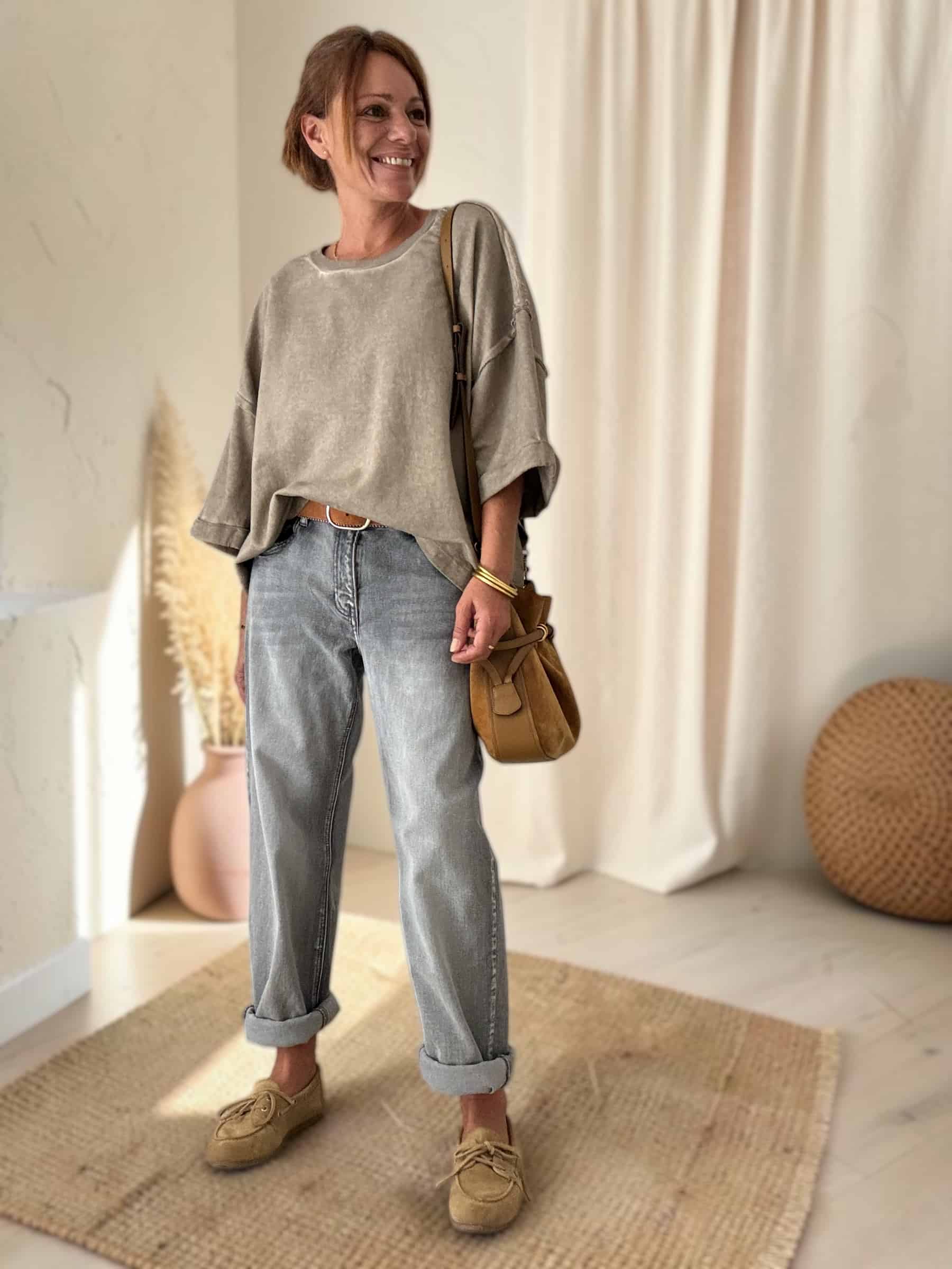 Sweat oversize en coton beige délavé manches 3/4 – Image 6