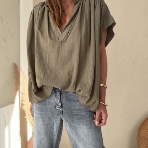 Blouse ample Théa en voile de coton  kaki