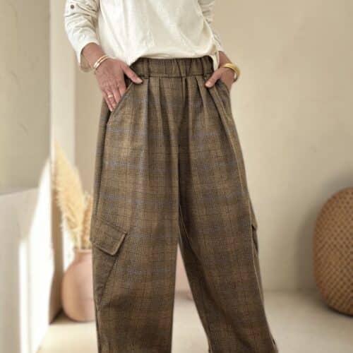 Pantalon large à carreaux Thomas camel