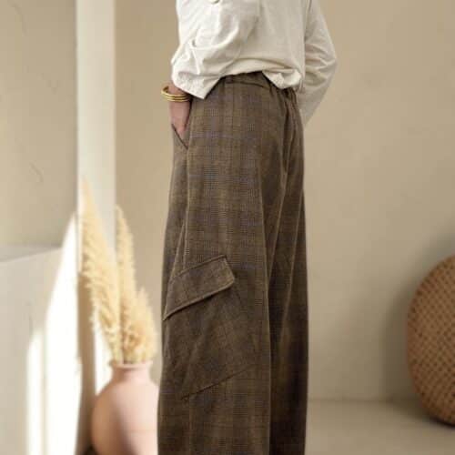 Pantalon large à carreaux Thomas camel