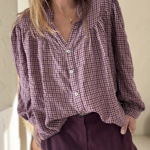 Chemise Abane à petits carreaux Aubergine et chocolat