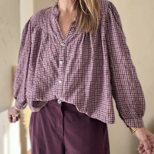 Chemise Abane à petits carreaux Aubergine et chocolat