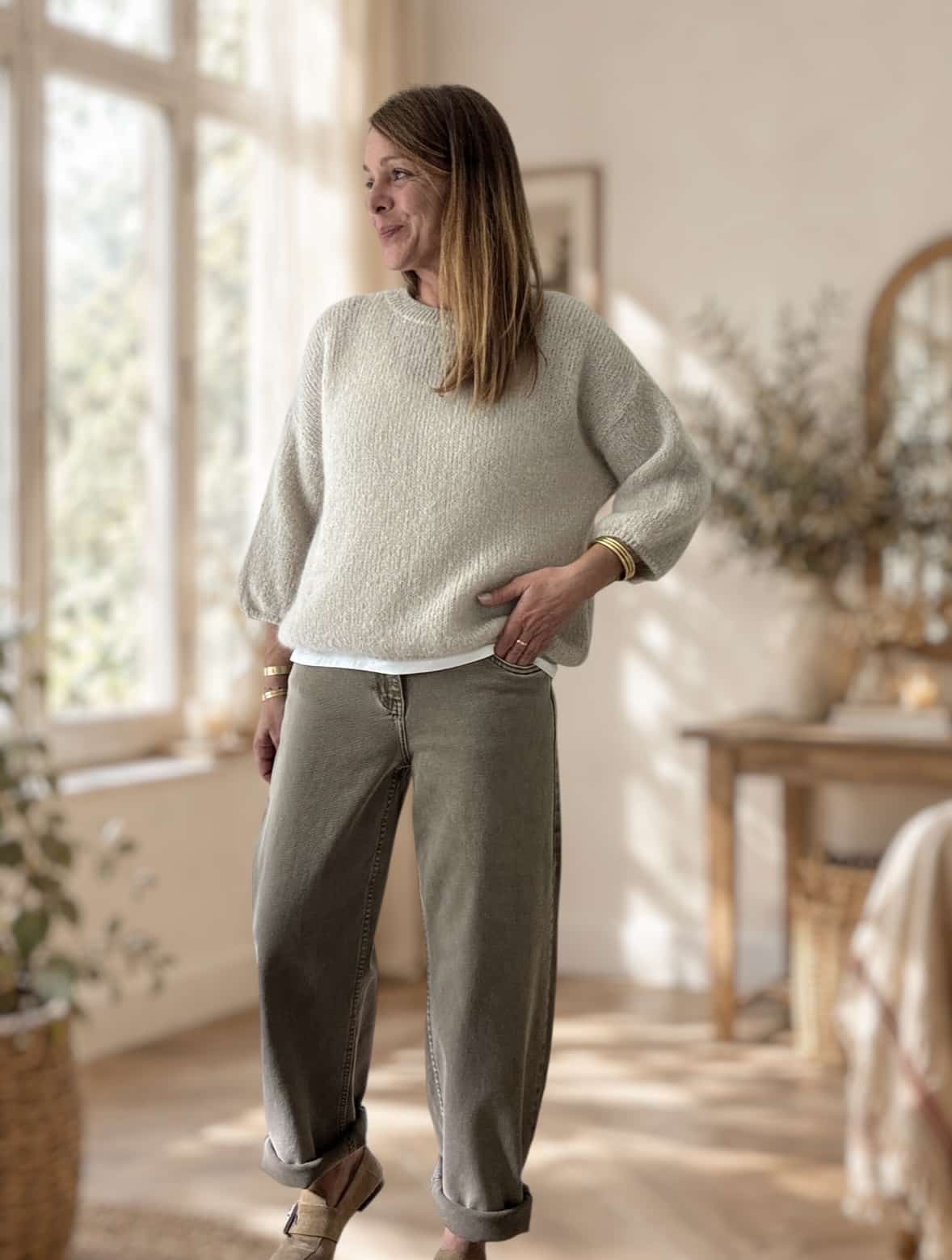 Pull Cillian manches 3/4 beige en kid mohair – Image 6