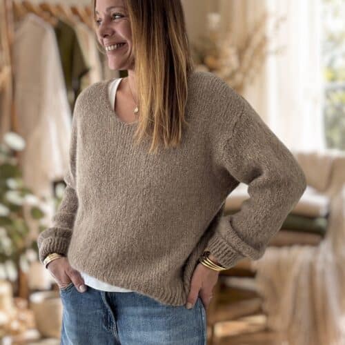 Pull Paul col V en mohair taupe