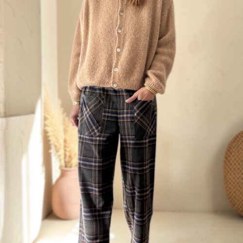 Pantalon femme à carreaux Alda kaki, marine et camel, fabrication italienne.